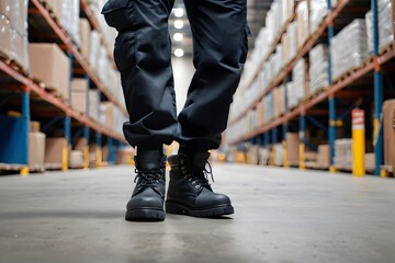 Cropped photo of worker's black safety boots in industrial warehouse background with copy space