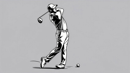 Grayscale line drawing of golfer in mid swing