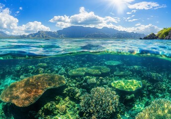 Vibrant Underwater Coral Reef with Clear Shallow Water and Mountains