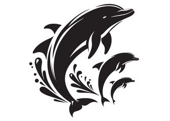 dolphin logo design vector silhouette illustration, dolphin logo icon silhouette, black silhouette of a dolphin jumping, a silhouette black and white dolphin on white background