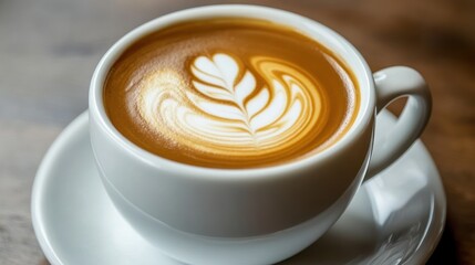 Aerial View of Creamy Latte with Intricate Foam Art in a White Ceramic Cup on a Wooden Table Surface