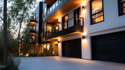 A contemporary modern house featuring stunning architecture with elegant balconies and outdoor spaces, illuminated by soft lighting that enhances its aesthetic appeal at dusk.