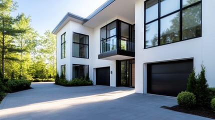 An impressive modern home with large glass windows and sleek lines, surrounded by dense greenery, emphasizing harmony between contemporary architecture and nature's beauty.