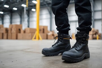 Cropped photo of worker's black safety boots in industrial warehouse background with copy space
