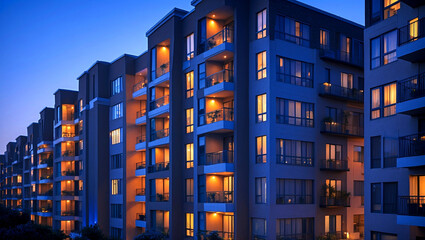 Fototapeta premium Illuminated apartment buildings with balconies at night