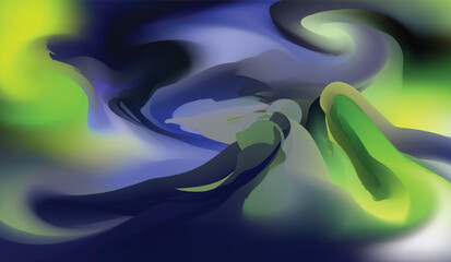 Abstract blue background with green planet, water, sea, and light, featuring waves and sky, creating a vibrant underwater and nature-inspired design