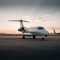 Obraz premium The image shows a sleek, white private jet parked on a runway during sunset. The warm golden light casts a soft glow over the aircraft, highlighting its polished surface and elegant design. 