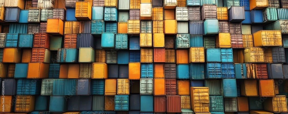 Poster wall of colorful shipping containers is towering over the viewer
