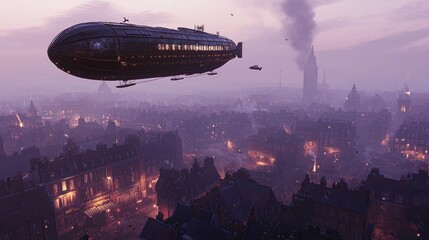 Naklejka premium Airship flying over a foggy, Victorian city at dusk.