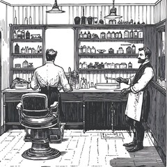 Vintage Illustration of a Barber Shop A Black and White Depiction of a 19th Century Barber at Work.