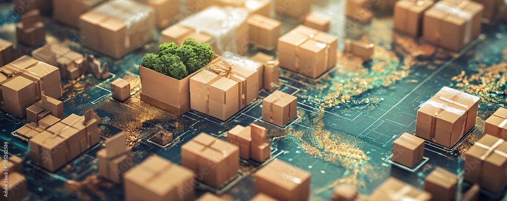 Poster Visualizing a sustainable global shipping and logistics network with cardboard boxes and green trees