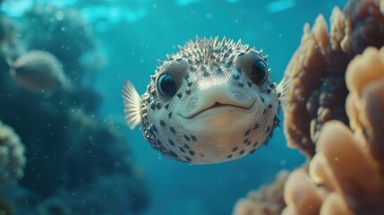 Obraz premium Cute pufferfish swimming near coral reef.