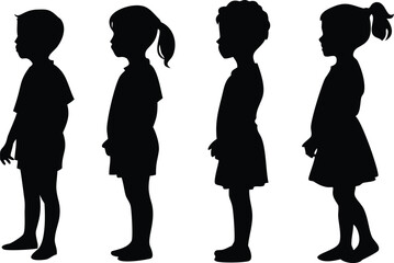 Four Kids Silhouettes on White Background Boys and Girls Standing Side Profile View