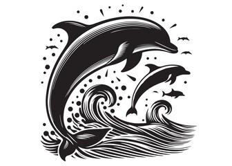 dolphin logo design vector silhouette illustration, dolphin logo icon silhouette, black silhouette of a dolphin jumping, a silhouette black and white dolphin on white background
