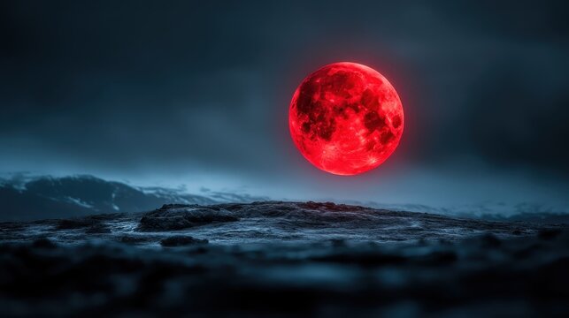 A surreal image showcasing a floating red moon hovering above a rugged, rocky terrain, presenting a captivating and imaginative exploration of nature's wonders. - Powered by Adobe