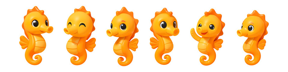 Cute seahorse array: A charming array of friendly seahorses with cheerful expressions, perfectly illustrating a vibrant aquatic scene for design and education.