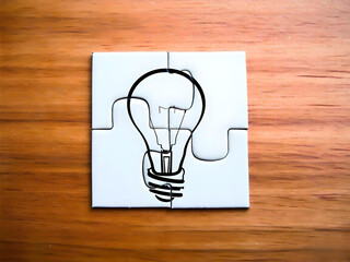 Creative Idea Represented Puzzle Pieces on Wooden Surface. A symbolic representation of creativity...