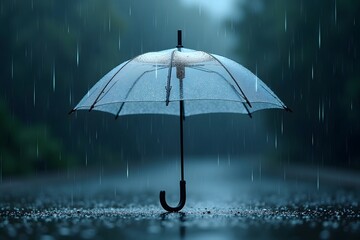 Transparent umbrella under rain against water drops splash background.
