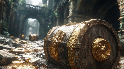 Golden Treasure Chest in Ancient Ruins