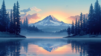 Fototapeta premium Mountain Sunrise over Lake, Peaceful Forest Scene, Perfect for Relaxation, Calm Atmosphere, Nature Wallpaper, Inspiring