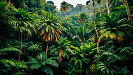 Lush green jungle filled with palm trees and ferns