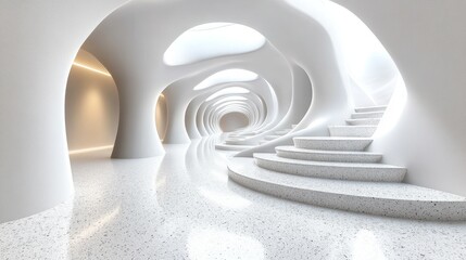 Obraz premium Abstract White Architectural Design: A Modern Staircase in a Curving Corridor
