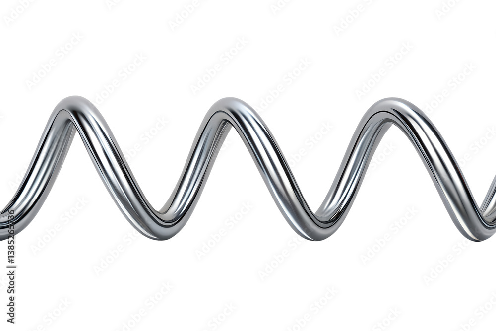 Poster abstract 3d rendering of a shiny chrome metal spring or coil with wavelike pattern and reflective su