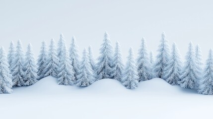 Obraz premium Snowy winter forest landscape with snow-covered pine trees on hills.