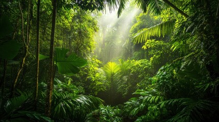 Obraz premium Sunbeams illuminate lush rainforest path, jungle background, travel