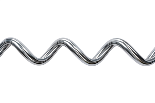 Abstract 3D rendering of a shiny metallic wavy tube or pipe with chrome or silver finish transparent background Generative AI