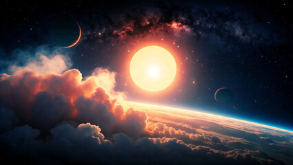 Obraz premium Majestic sunrise over a starry planetary landscape