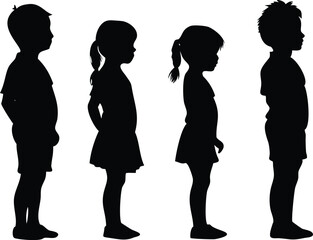 Kids Silhouette Set, Boys and Girls Side Views, Standing on Transparent Background