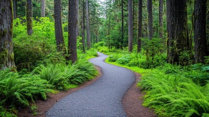 Obraz premium A winding trail through the Olympic rainforest, surrounded by lush ferns and towering Sitka spruces