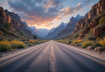 Fototapeta premium Driving on Scenic Desert Road Towards Mountains and Sunset Clouds