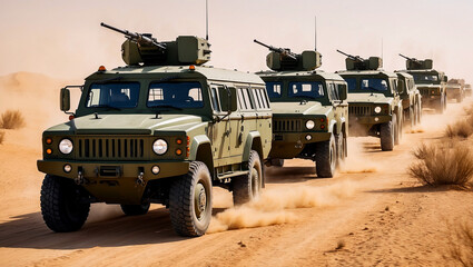 Military convoy traversing dusty desert landscape