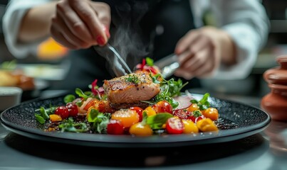gourmet dish being prepared in a high-end restaurant kitchen, Generative AI