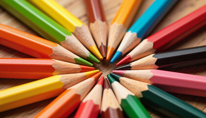 Naklejka premium Macro view of colored pencil tips arranged in a circle, creative tools