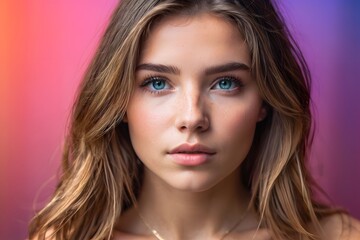 Obraz premium Beautiful young woman in a dynamic colorful background with copy space