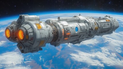 A futuristic spaceship navigating through the cosmos, showcasing advanced technology and space exploration themes against a backdrop of Earth.