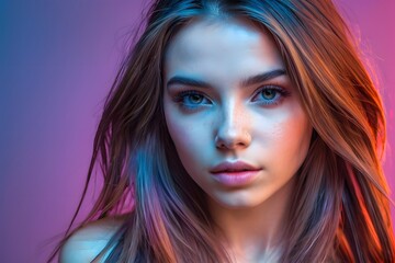 Beautiful young woman in a dynamic colorful background with copy space