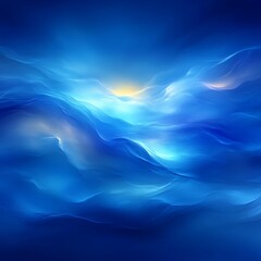 Abstract ethereal landscape of swirling, luminous, deep blue waves.  Soft, glowing light source in center