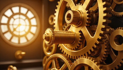 Obraz premium Interlocking brass gears in clock tower, symbolizing time in motion