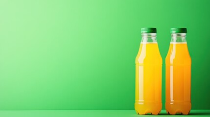 Refreshing Bright Orange Fruit Juice Bottles on Green Background with Space for Text or Design Elements