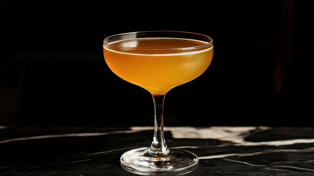 Elegant cocktail in a stylish glass on a marble surface, showcasing a vibrant golden hue and sophisticated presentation
