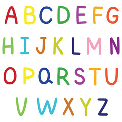 Hand drawn cartoon colored english alphabet on white background.