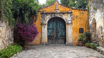 Obraz premium Colonial courtyard gate, Mexico, tropical plants, stone path, historical architecture, travel