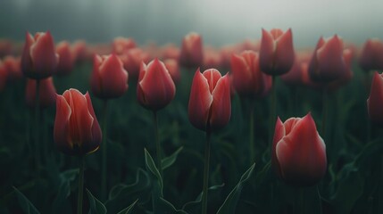 Misty sunrise over a field of red tulips.