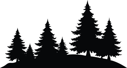 Pine Tree Silhouette, Dark Conifer Forest, Evergreen Landscape on Transparent Background