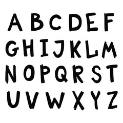 Hand drawn doodle black english alphabet on white background.