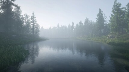 Misty morning river flowing through serene pine forest.
